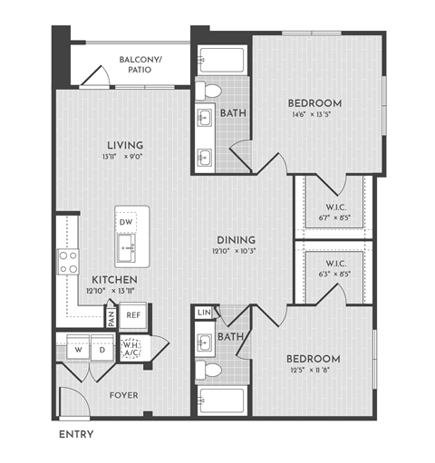 Floor plan for 2 beds, 2 baths, 1209 sqft